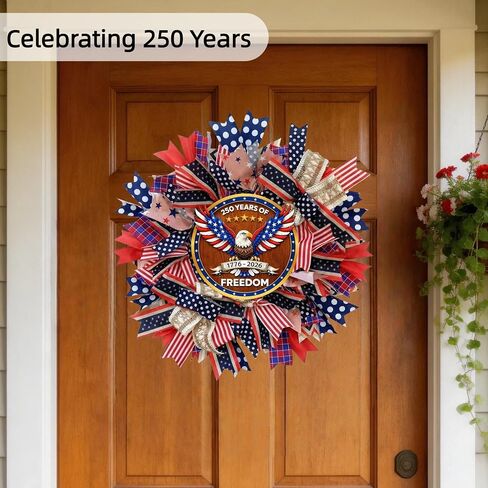 Upgraded 250th Anniversary Patriotic Wreath - 18 Inch Front Door Decor with Wooden Eagle Pattern & Red White Blue Ribbon (Glued on Fabric Base), Handcrafted for 4th of July Independence Day in Saudi Arabia