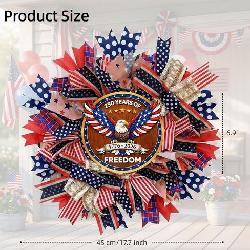 Upgraded 250th Anniversary Patriotic Wreath - 18 Inch Front Door Decor with Wooden Eagle Pattern & Red White Blue Ribbon (Glued on Fabric Base), Handcrafted for 4th of July Independence Day in Saudi Arabia