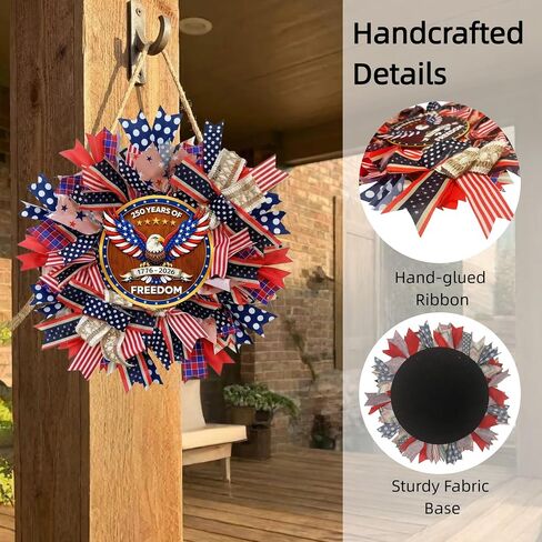 Upgraded 250th Anniversary Patriotic Wreath - 18 Inch Front Door Decor with Wooden Eagle Pattern & Red White Blue Ribbon (Glued on Fabric Base), Handcrafted for 4th of July Independence Day in Saudi Arabia