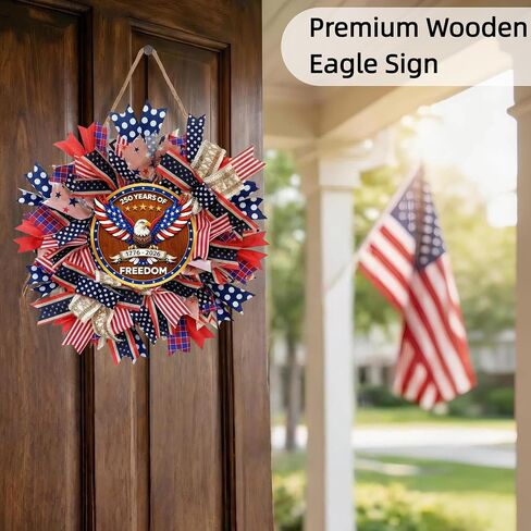 Upgraded 250th Anniversary Patriotic Wreath - 18 Inch Front Door Decor with Wooden Eagle Pattern & Red White Blue Ribbon (Glued on Fabric Base), Handcrafted for 4th of July Independence Day in Saudi Arabia