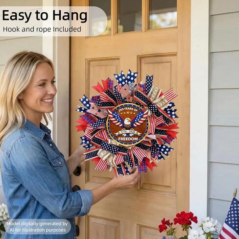 Upgraded 250th Anniversary Patriotic Wreath - 18 Inch Front Door Decor with Wooden Eagle Pattern & Red White Blue Ribbon (Glued on Fabric Base), Handcrafted for 4th of July Independence Day in Saudi Arabia
