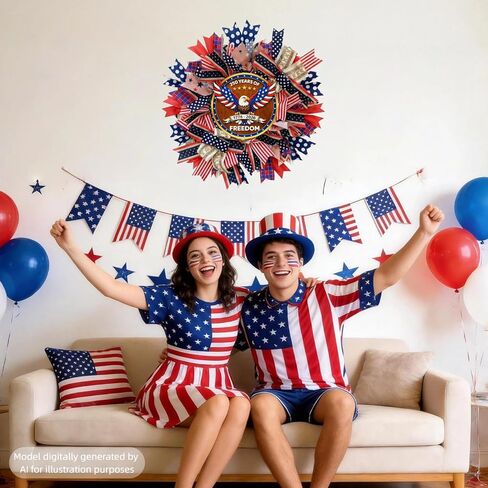 Upgraded 250th Anniversary Patriotic Wreath - 18 Inch Front Door Decor with Wooden Eagle Pattern & Red White Blue Ribbon (Glued on Fabric Base), Handcrafted for 4th of July Independence Day in Saudi Arabia
