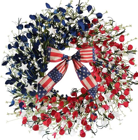 TEMPUS 24 Inch Patriotic Wreath for Front Door, 4th of July Decorations with Red White Blue Boxwood Leaves, Memorial Day Independence Day Labor Day Decor, Summer Outdoor Indoor Hanging Decor in Kuwait