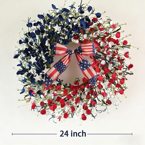 TEMPUS 24 Inch Patriotic Wreath for Front Door, 4th of July Decorations with Red White Blue Boxwood Leaves, Memorial Day Independence Day Labor Day Decor, Summer Outdoor Indoor Hanging Decor in Kuwait