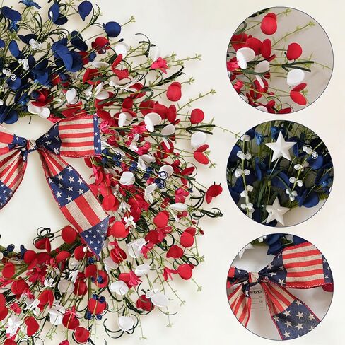 TEMPUS 24 Inch Patriotic Wreath for Front Door, 4th of July Decorations with Red White Blue Boxwood Leaves, Memorial Day Independence Day Labor Day Decor, Summer Outdoor Indoor Hanging Decor in Kuwait