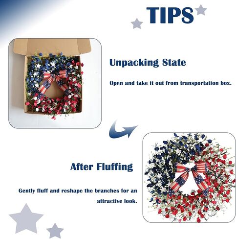 TEMPUS 24 Inch Patriotic Wreath for Front Door, 4th of July Decorations with Red White Blue Boxwood Leaves, Memorial Day Independence Day Labor Day Decor, Summer Outdoor Indoor Hanging Decor in Kuwait