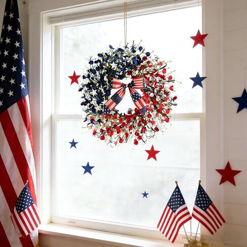 TEMPUS 24 Inch Patriotic Wreath for Front Door, 4th of July Decorations with Red White Blue Boxwood Leaves, Memorial Day Independence Day Labor Day Decor, Summer Outdoor Indoor Hanging Decor in Kuwait