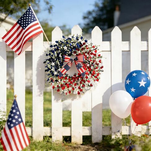 TEMPUS 24 Inch Patriotic Wreath for Front Door, 4th of July Decorations with Red White Blue Boxwood Leaves, Memorial Day Independence Day Labor Day Decor, Summer Outdoor Indoor Hanging Decor in Kuwait