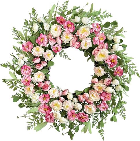 22 Inch White Pink Peony Spring Summer Wreath for Front Door, Handcrafted Wreaths Adorned with Camellia Boxwood, Spring Summer Farmhouse Flowers Door Wreath for Porch Window Wedding Party in Saudi Arabia
