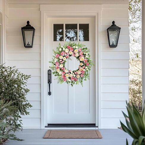 22 Inch White Pink Peony Spring Summer Wreath for Front Door, Handcrafted Wreaths Adorned with Camellia Boxwood, Spring Summer Farmhouse Flowers Door Wreath for Porch Window Wedding Party in Saudi Arabia