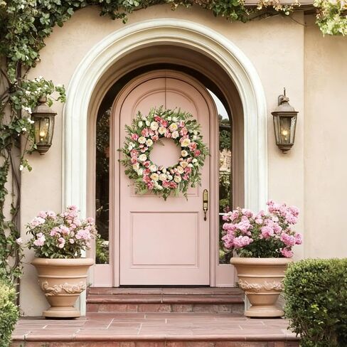 22 Inch White Pink Peony Spring Summer Wreath for Front Door, Handcrafted Wreaths Adorned with Camellia Boxwood, Spring Summer Farmhouse Flowers Door Wreath for Porch Window Wedding Party in Saudi Arabia