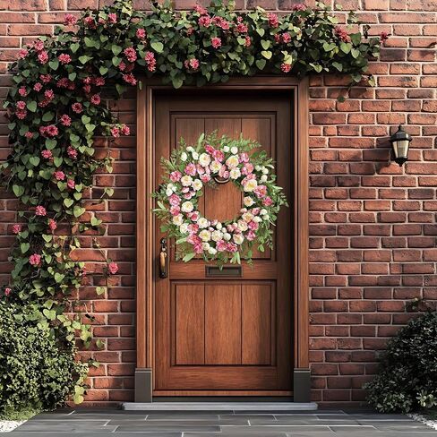 22 Inch White Pink Peony Spring Summer Wreath for Front Door, Handcrafted Wreaths Adorned with Camellia Boxwood, Spring Summer Farmhouse Flowers Door Wreath for Porch Window Wedding Party in Saudi Arabia