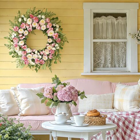 22 Inch White Pink Peony Spring Summer Wreath for Front Door, Handcrafted Wreaths Adorned with Camellia Boxwood, Spring Summer Farmhouse Flowers Door Wreath for Porch Window Wedding Party in Saudi Arabia