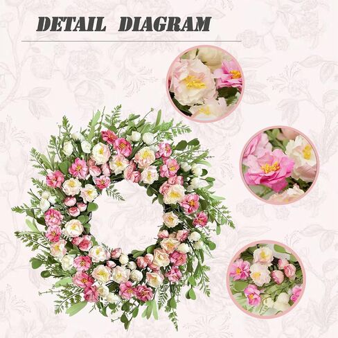 22 Inch White Pink Peony Spring Summer Wreath for Front Door, Handcrafted Wreaths Adorned with Camellia Boxwood, Spring Summer Farmhouse Flowers Door Wreath for Porch Window Wedding Party in Saudi Arabia