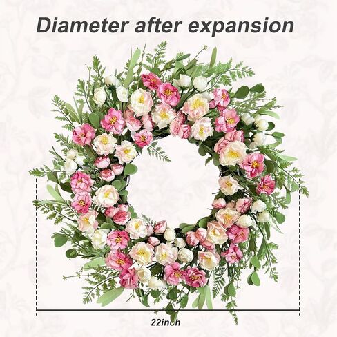 22 Inch White Pink Peony Spring Summer Wreath for Front Door, Handcrafted Wreaths Adorned with Camellia Boxwood, Spring Summer Farmhouse Flowers Door Wreath for Porch Window Wedding Party in Saudi Arabia