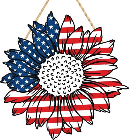 4th of July Decorations Patriotic Wooden Door Sign 13in American Flag Sunflowers Hanging Wreath for Front Door Hanger Porch Home Wall Memorial Day Independence Day Indoor Outdoor Decor in Kuwait