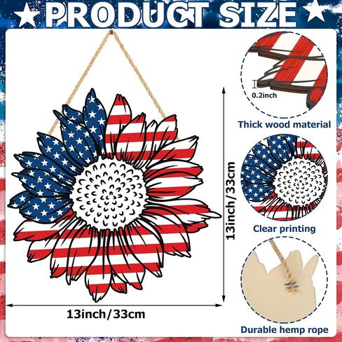 4th of July Decorations Patriotic Wooden Door Sign 13in American Flag Sunflowers Hanging Wreath for Front Door Hanger Porch Home Wall Memorial Day Independence Day Indoor Outdoor Decor in Kuwait