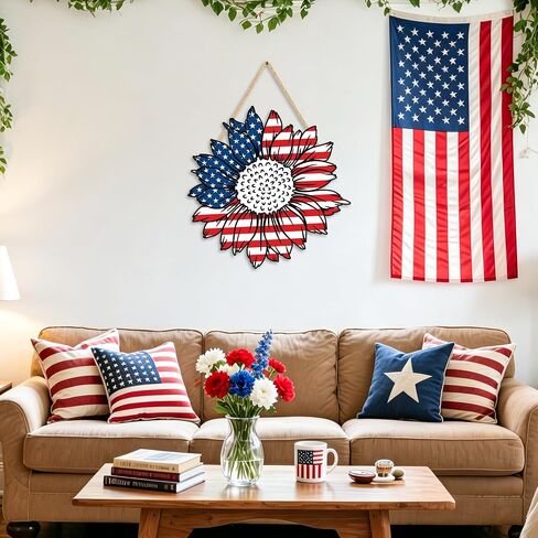 4th of July Decorations Patriotic Wooden Door Sign 13in American Flag Sunflowers Hanging Wreath for Front Door Hanger Porch Home Wall Memorial Day Independence Day Indoor Outdoor Decor in Kuwait