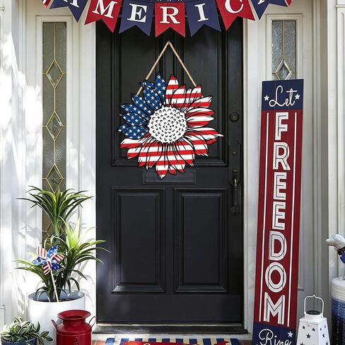 4th of July Decorations Patriotic Wooden Door Sign 13in American Flag Sunflowers Hanging Wreath for Front Door Hanger Porch Home Wall Memorial Day Independence Day Indoor Outdoor Decor in Kuwait