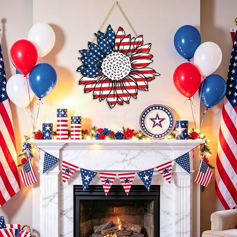 4th of July Decorations Patriotic Wooden Door Sign 13in American Flag Sunflowers Hanging Wreath for Front Door Hanger Porch Home Wall Memorial Day Independence Day Indoor Outdoor Decor in Kuwait