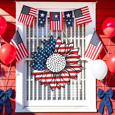 4th of July Decorations Patriotic Wooden Door Sign 13in American Flag Sunflowers Hanging Wreath for Front Door Hanger Porch Home Wall Memorial Day Independence Day Indoor Outdoor Decor in Kuwait
