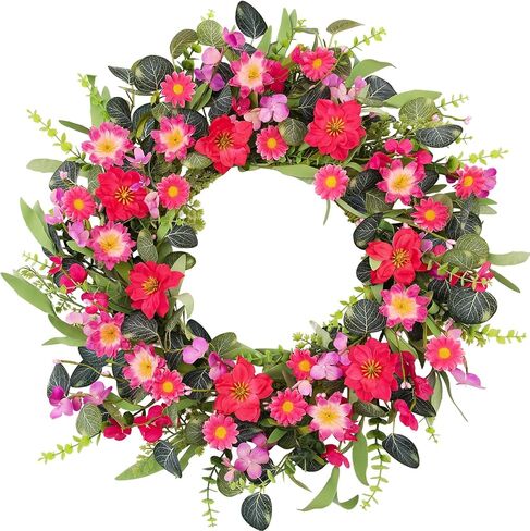 24 Inch Large Spring Summer Front Door Wreaths, Artificial Eucalyptus Daisy Wreath with Pink Red Flowers, Rustic Farmhouse Wreath for Porch Wall Window, Indoor Outdoor All Season Home Decor in Kuwait
