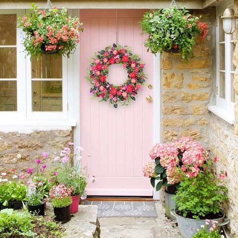 24 Inch Large Spring Summer Front Door Wreaths, Artificial Eucalyptus Daisy Wreath with Pink Red Flowers, Rustic Farmhouse Wreath for Porch Wall Window, Indoor Outdoor All Season Home Decor in Kuwait