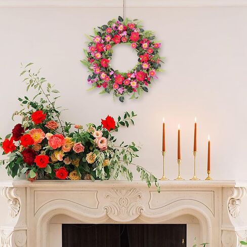 24 Inch Large Spring Summer Front Door Wreaths, Artificial Eucalyptus Daisy Wreath with Pink Red Flowers, Rustic Farmhouse Wreath for Porch Wall Window, Indoor Outdoor All Season Home Decor in Kuwait
