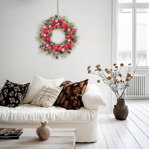 24 Inch Large Spring Summer Front Door Wreaths, Artificial Eucalyptus Daisy Wreath with Pink Red Flowers, Rustic Farmhouse Wreath for Porch Wall Window, Indoor Outdoor All Season Home Decor in Kuwait