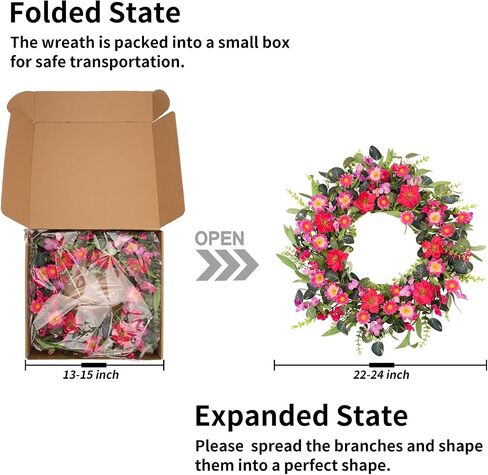24 Inch Large Spring Summer Front Door Wreaths, Artificial Eucalyptus Daisy Wreath with Pink Red Flowers, Rustic Farmhouse Wreath for Porch Wall Window, Indoor Outdoor All Season Home Decor in Kuwait