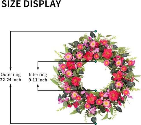 24 Inch Large Spring Summer Front Door Wreaths, Artificial Eucalyptus Daisy Wreath with Pink Red Flowers, Rustic Farmhouse Wreath for Porch Wall Window, Indoor Outdoor All Season Home Decor in Kuwait