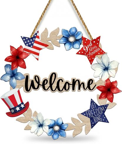 4th of July Decorations Patriotic Decorations Wooden Patriotic Wreath for Front Door Welcome Sign 4th of July Wreath Door Decoration 12x12 Inch for Wall Indoor Home Decor in Saudi Arabia