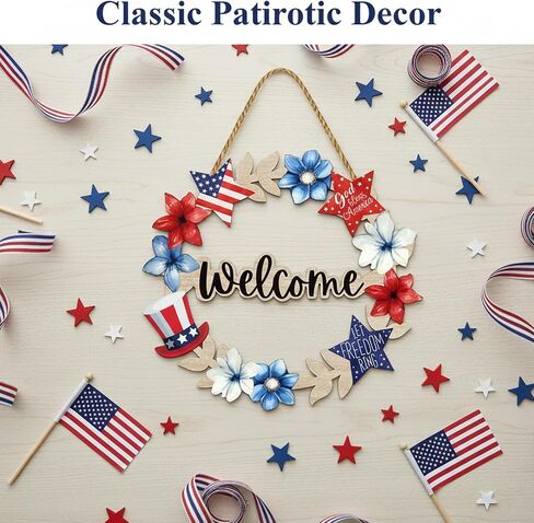 4th of July Decorations Patriotic Decorations Wooden Patriotic Wreath for Front Door Welcome Sign 4th of July Wreath Door Decoration 12x12 Inch for Wall Indoor Home Decor in Saudi Arabia