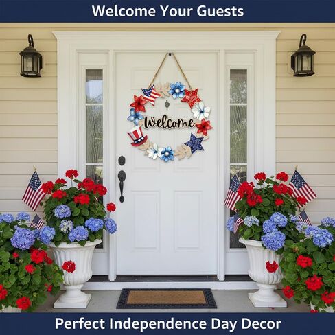 4th of July Decorations Patriotic Decorations Wooden Patriotic Wreath for Front Door Welcome Sign 4th of July Wreath Door Decoration 12x12 Inch for Wall Indoor Home Decor in Saudi Arabia