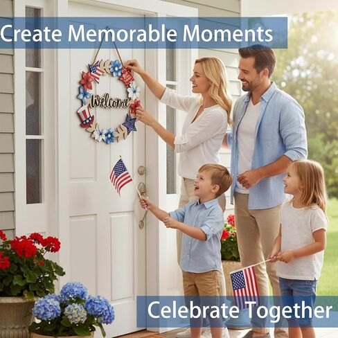 4th of July Decorations Patriotic Decorations Wooden Patriotic Wreath for Front Door Welcome Sign 4th of July Wreath Door Decoration 12x12 Inch for Wall Indoor Home Decor in Saudi Arabia