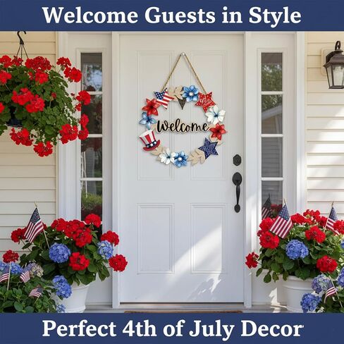 4th of July Decorations Patriotic Decorations Wooden Patriotic Wreath for Front Door Welcome Sign 4th of July Wreath Door Decoration 12x12 Inch for Wall Indoor Home Decor in Saudi Arabia