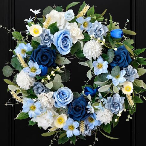 22 Inch Spring/Summer Floral Wreaths for Front Door,Artificial Decoration Wreath with Rose Dahlia Hydrangea for Home Porch Wall Valentine Wedding Festival Decor(Blue) in Kuwait