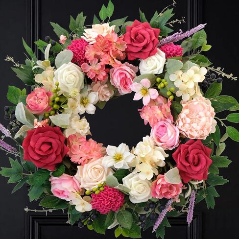22 Inch Spring/Summer Floral Wreaths for Front Door,Artificial Decoration Wreath with Rose Dahlia Hydrangea for Home Porch Wall Valentine Wedding Festival Decor(Blue) in Kuwait