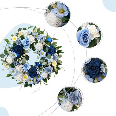 22 Inch Spring/Summer Floral Wreaths for Front Door,Artificial Decoration Wreath with Rose Dahlia Hydrangea for Home Porch Wall Valentine Wedding Festival Decor(Blue) in Kuwait