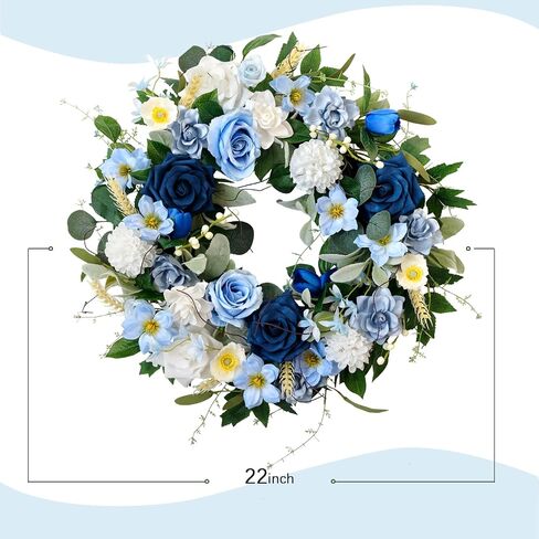 22 Inch Spring/Summer Floral Wreaths for Front Door,Artificial Decoration Wreath with Rose Dahlia Hydrangea for Home Porch Wall Valentine Wedding Festival Decor(Blue) in Kuwait
