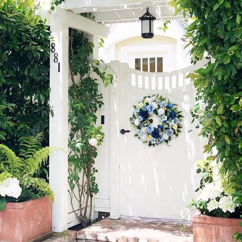 22 Inch Spring/Summer Floral Wreaths for Front Door,Artificial Decoration Wreath with Rose Dahlia Hydrangea for Home Porch Wall Valentine Wedding Festival Decor(Blue) in Kuwait