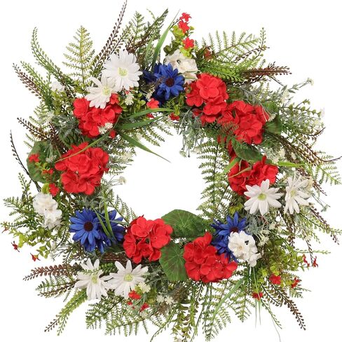 22 Inch Patriotic Geranium Wreath for Front Door Decor, UV Resistant Red White and Blue Artificial Floral, Waterproof Summer Porch Display & 4th of July Farmhouse Wreath in Saudi Arabia