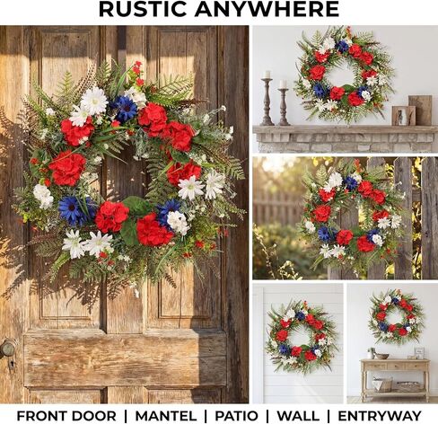 22 Inch Patriotic Geranium Wreath for Front Door Decor, UV Resistant Red White and Blue Artificial Floral, Waterproof Summer Porch Display & 4th of July Farmhouse Wreath in Saudi Arabia