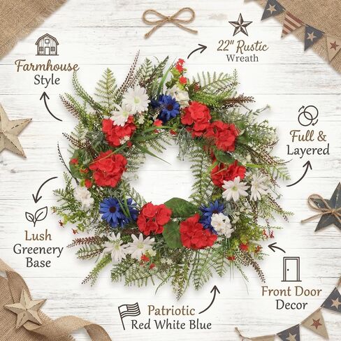 22 Inch Patriotic Geranium Wreath for Front Door Decor, UV Resistant Red White and Blue Artificial Floral, Waterproof Summer Porch Display & 4th of July Farmhouse Wreath in Saudi Arabia