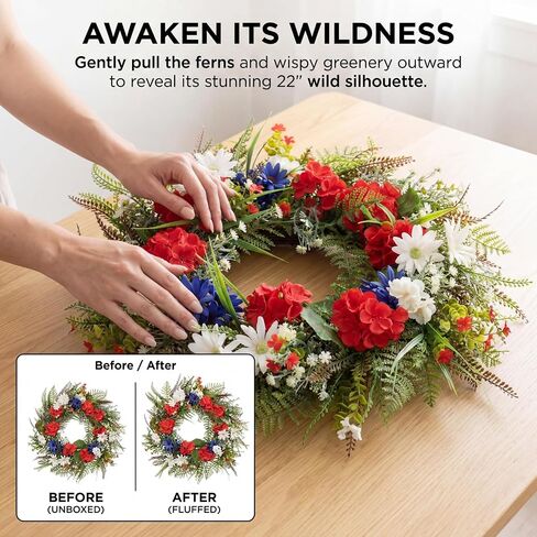 22 Inch Patriotic Geranium Wreath for Front Door Decor, UV Resistant Red White and Blue Artificial Floral, Waterproof Summer Porch Display & 4th of July Farmhouse Wreath in Saudi Arabia