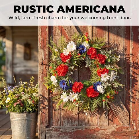 22 Inch Patriotic Geranium Wreath for Front Door Decor, UV Resistant Red White and Blue Artificial Floral, Waterproof Summer Porch Display & 4th of July Farmhouse Wreath in Saudi Arabia