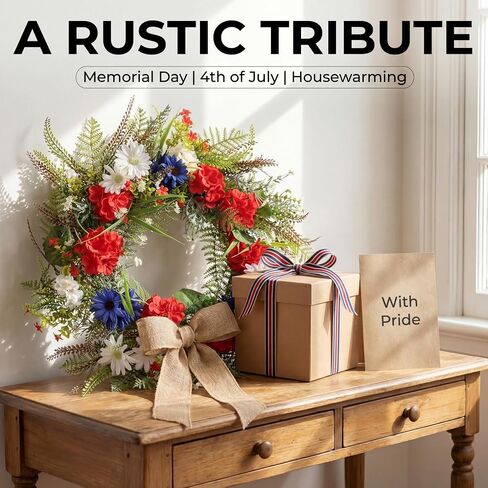 22 Inch Patriotic Geranium Wreath for Front Door Decor, UV Resistant Red White and Blue Artificial Floral, Waterproof Summer Porch Display & 4th of July Farmhouse Wreath in Saudi Arabia