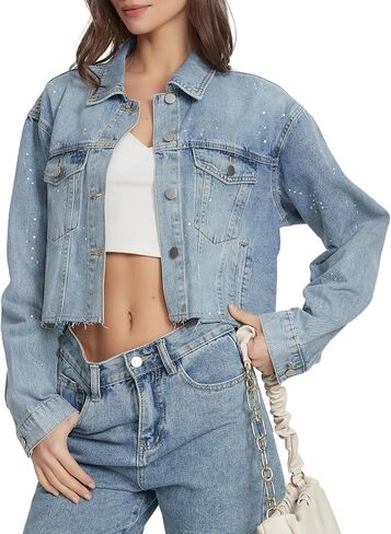 YEXPINE Women's Cropped Denim Jacket Rhinestone Sparkly Bling Raw Hem Jean Jacket Going Out Party Y2K Streetwear in Kuwait