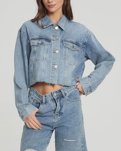 YEXPINE Women's Cropped Denim Jacket Rhinestone Sparkly Bling Raw Hem Jean Jacket Going Out Party Y2K Streetwear in Kuwait