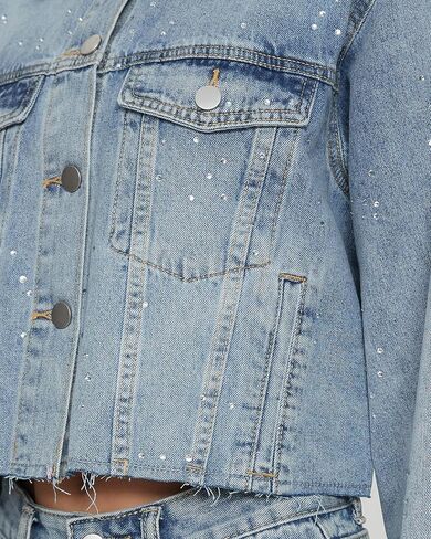 YEXPINE Women's Cropped Denim Jacket Rhinestone Sparkly Bling Raw Hem Jean Jacket Going Out Party Y2K Streetwear in Kuwait